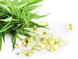 Eine Cannabisblüte neben Kapseln