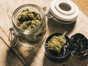 Ein offenes Weckglas mit Cannabisblüten und ein schwarzer Grinder, ebenfalls mit einer Cannabisblüte darin. Diese Dinge benötigt man als Patient evtl. für die optimale Dosierung von Cannabisarzneien.