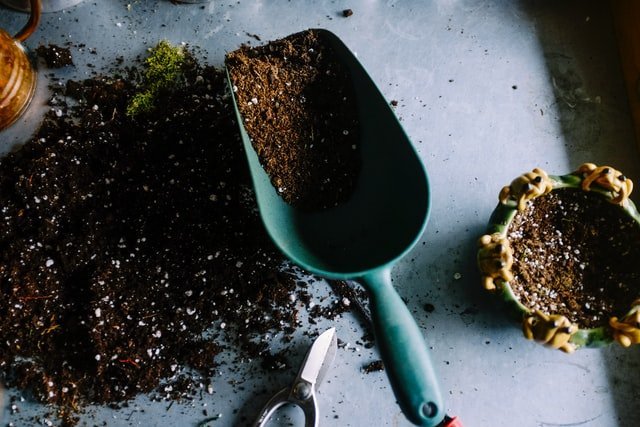 Zu sehen ist ein kleiner Haufen Erde mit einer mintfarbenen kleinen Gartenschaufel aus Metall. Vielleicht handelt es sich hierbei um Growerde.