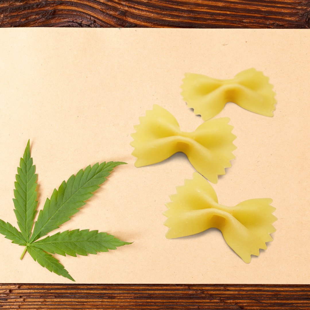Auf diesem Bild ist ein Hanfblatt und drei Farfalle Nudeln zu sehen. Man kann auch wunderbare Hanfnudeln herstellen, die leckern schmecken und sehr gesund sind.