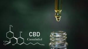 Hier ist die Formel von CBD zu sehen, mit einem Tropfer und dem Wort CBD- Cannabidiol.