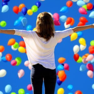 Eine Frau mit bunten Luftballoons vor einem blauen Hintergrund