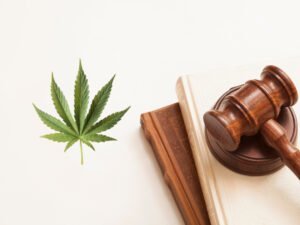 Richterhammer auf Büchern mit einem Cannabisblat- die Rechtslage in Deutschland