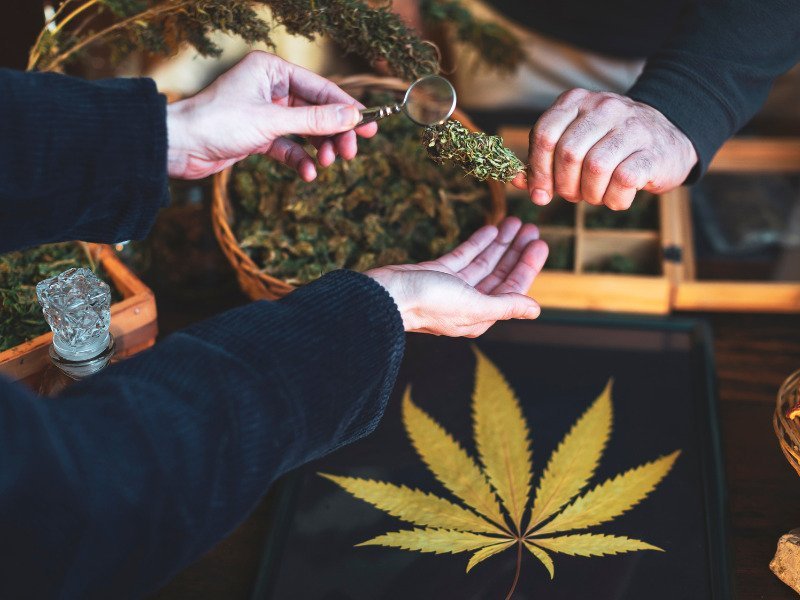 Cannabis Clubs, sollen in Deutschland zukünftig eröffnet werden. Hier sieht man zwei Handpaare, wie sich Cannabis übergeben.