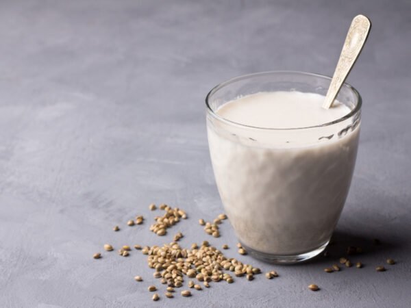 Ein Glas Hanfmilch mit hanfsamen