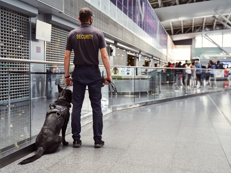 Cannabis Schmuggel, vor allem in großen Mengen, bleibt meist nicht unbemerkt. Hier sieht man ein Security Mann mit Hund an einem Flughafen.