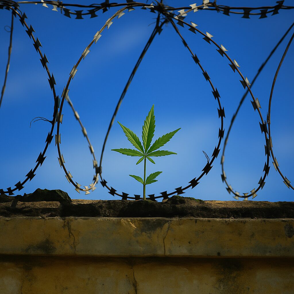 Cannabis im Gefängnis legal? Ein Cannabispflänzchen auf einer Gefängnismauer mit Stacheldraht.
