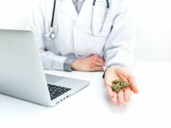 Eine Ärztin am Laptop hält eine Cannabisblüte vor sich. 
