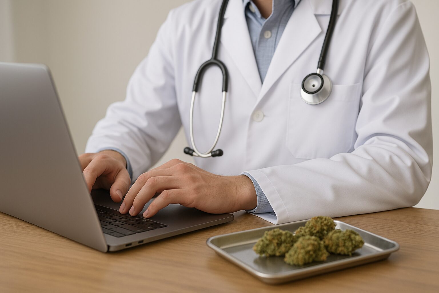 Ein Arzt sitzt vor einem Laptop und hat Cannabisblüten vor sich. Onlineverschreibung von Cannabis