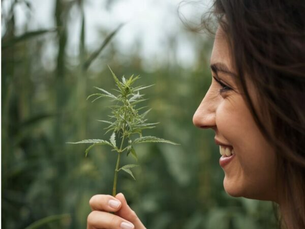 Cannabis bewusst nutzen. Eine Frau schaut auf eine kleine Cannabispflanze