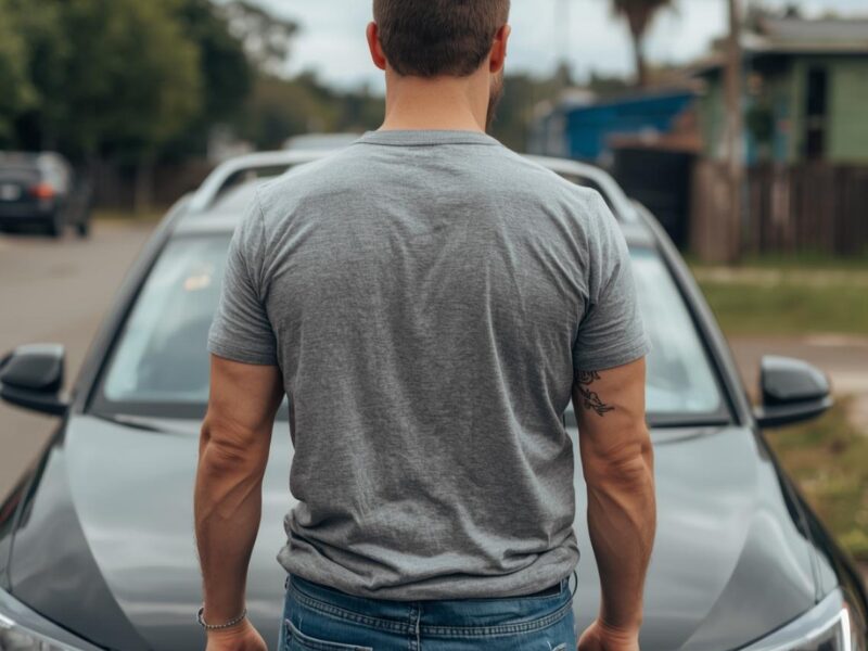 Fahren unter Cannabiseinfluss. Ein Mann steht vor seinem Auto. Man sieht ihn von hinten.