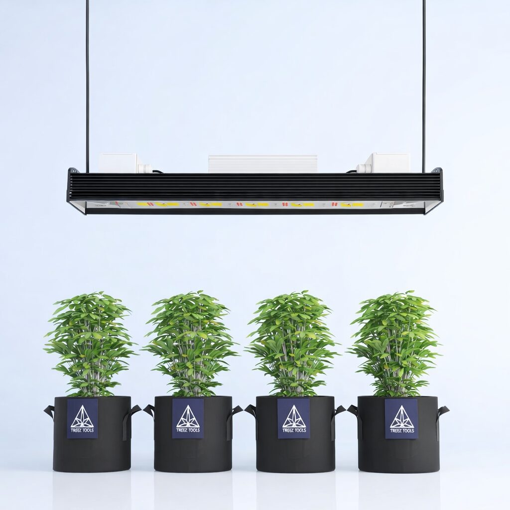 Growlampe LED neu verstanden: Die Treez Tools Smart Grow Light Series powered by Bilberry ist hier zu sehen, über vier Pflanzen.