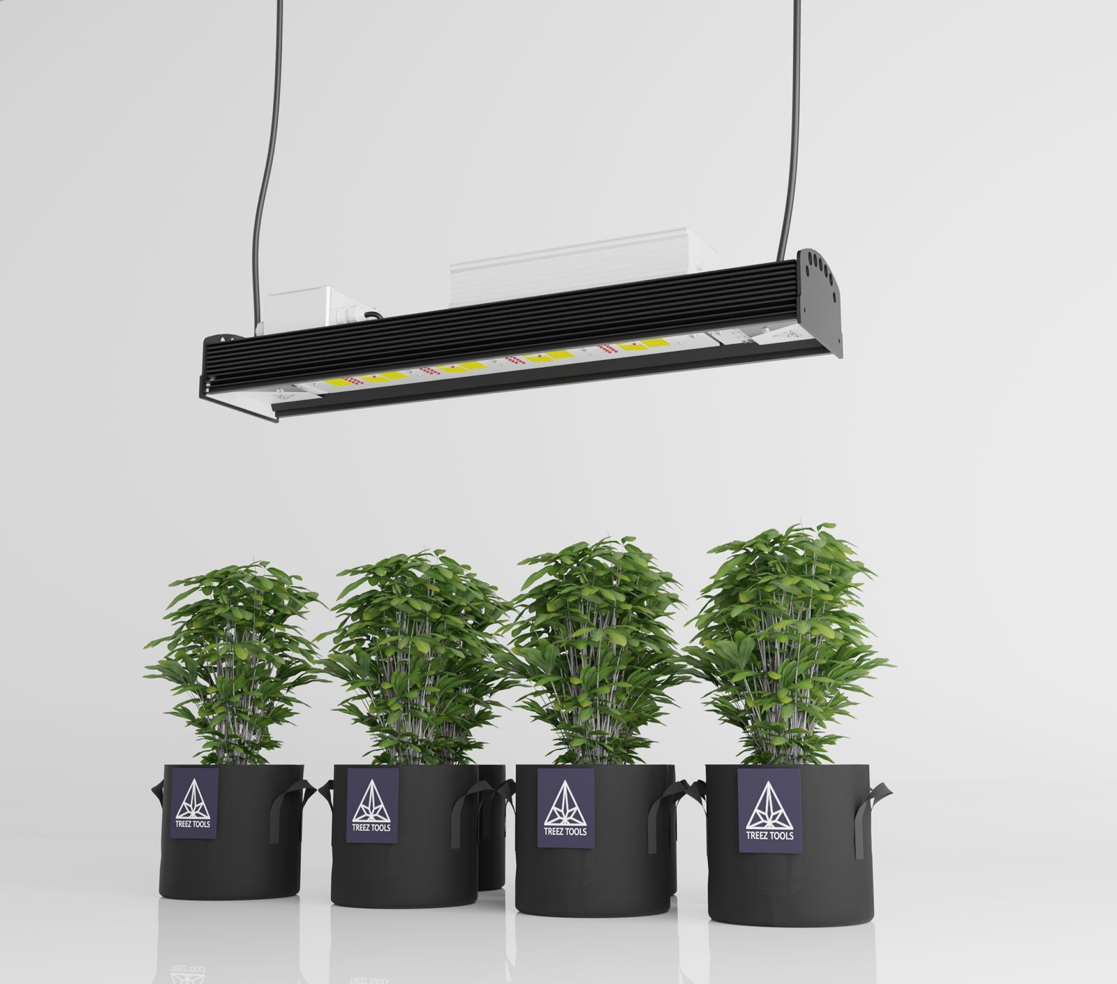 Growlampe LED neu verstanden: Die Treez Tools Smart Grow Light Series powered by Bilberry ist hier zu sehen, über vier Pflanzen.
