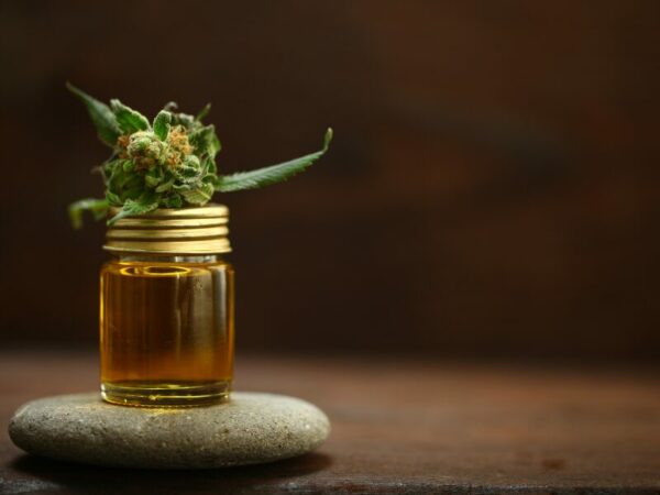 Eine Cannabisblüte auf einem Fläschen mit Extrakt. Medizinischs Cannabis